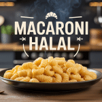 Assiette de macaroni halal dorés sur fond cuisine moderne