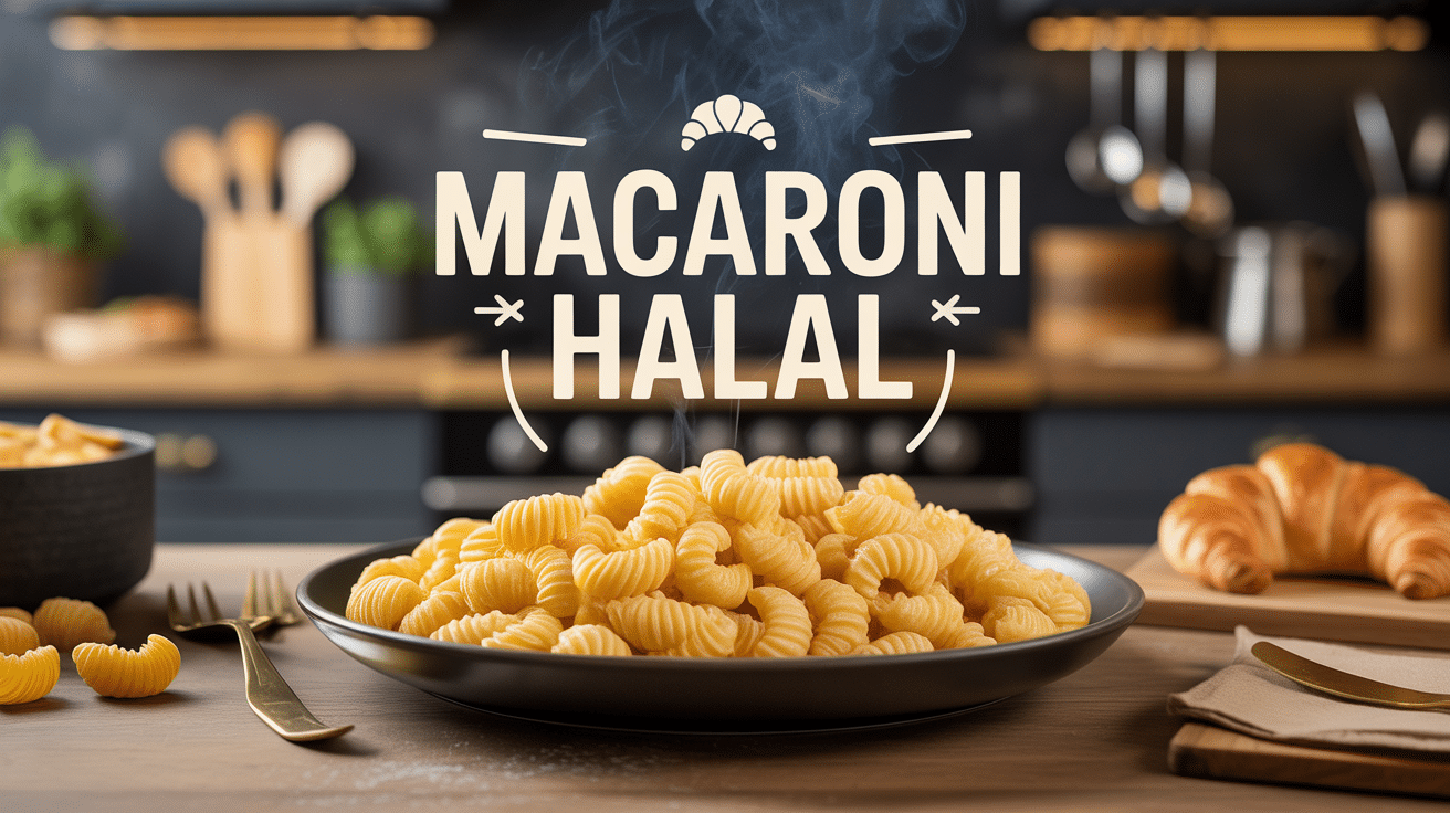 Assiette de macaroni halal dorés sur fond cuisine moderne