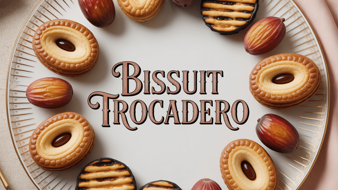 Biscuits trocadero dorés aux amandes sur assiette, fruits secs autour