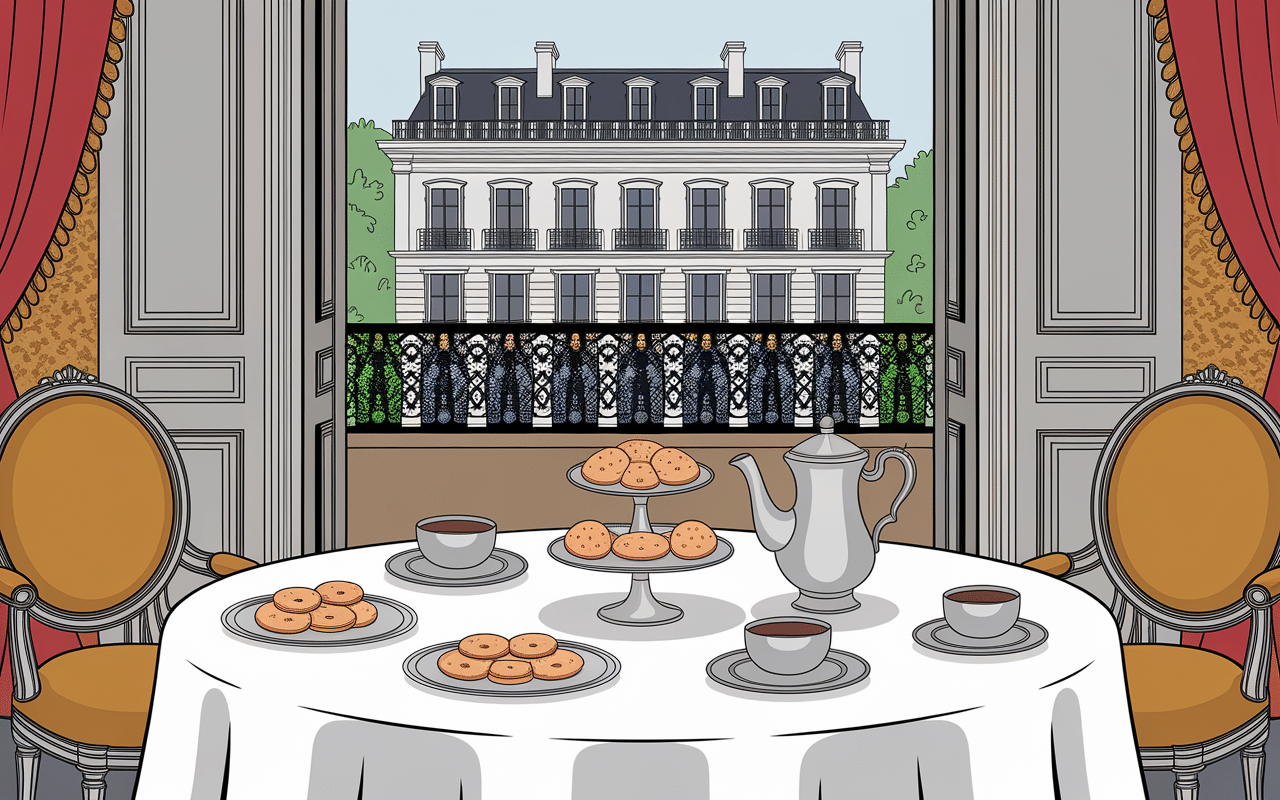 Salon parisien avec biscuits trocadero et service à thé