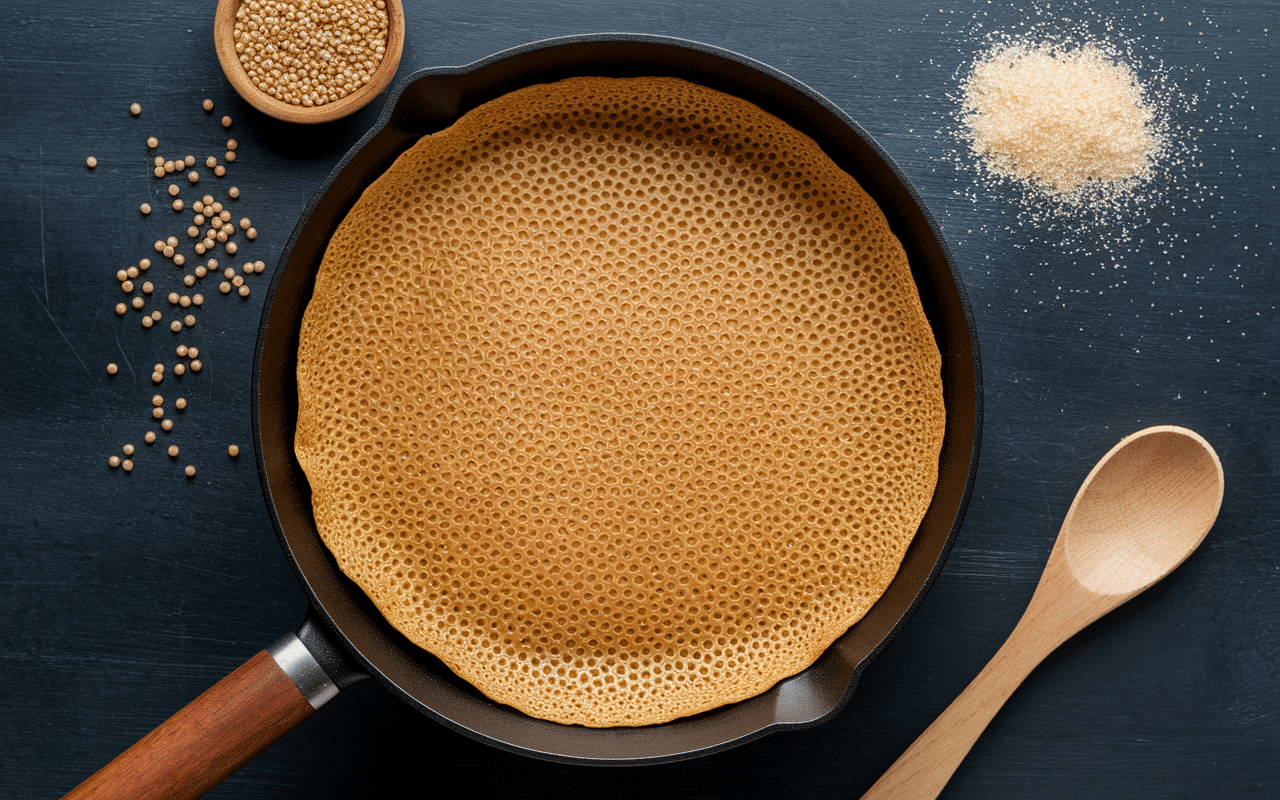 crêpe sarrasin sucre en gros plan dans poêle en fonte