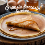 crêpe sarrasin sucre dorée sur assiette bois avec ingrédients