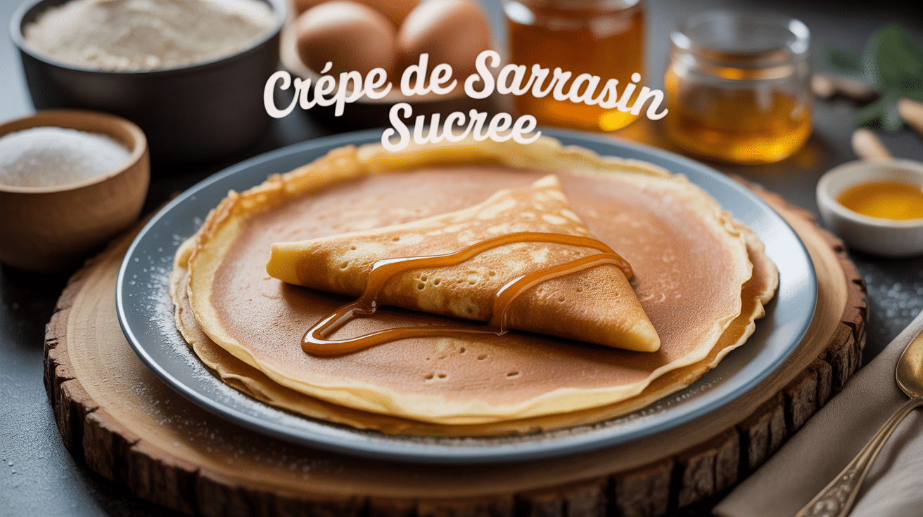 crêpe sarrasin sucre dorée sur assiette bois avec ingrédients