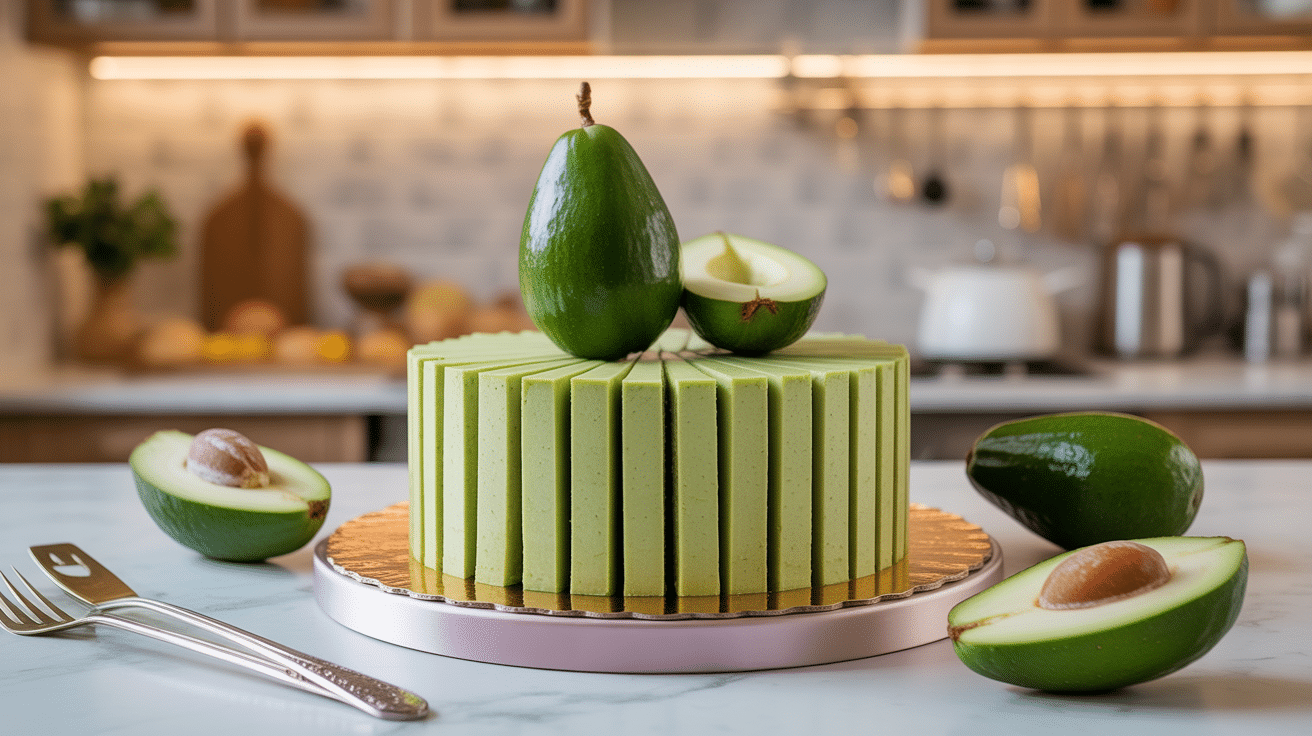 gateau avocat coupe sur plateau avec avocat frais