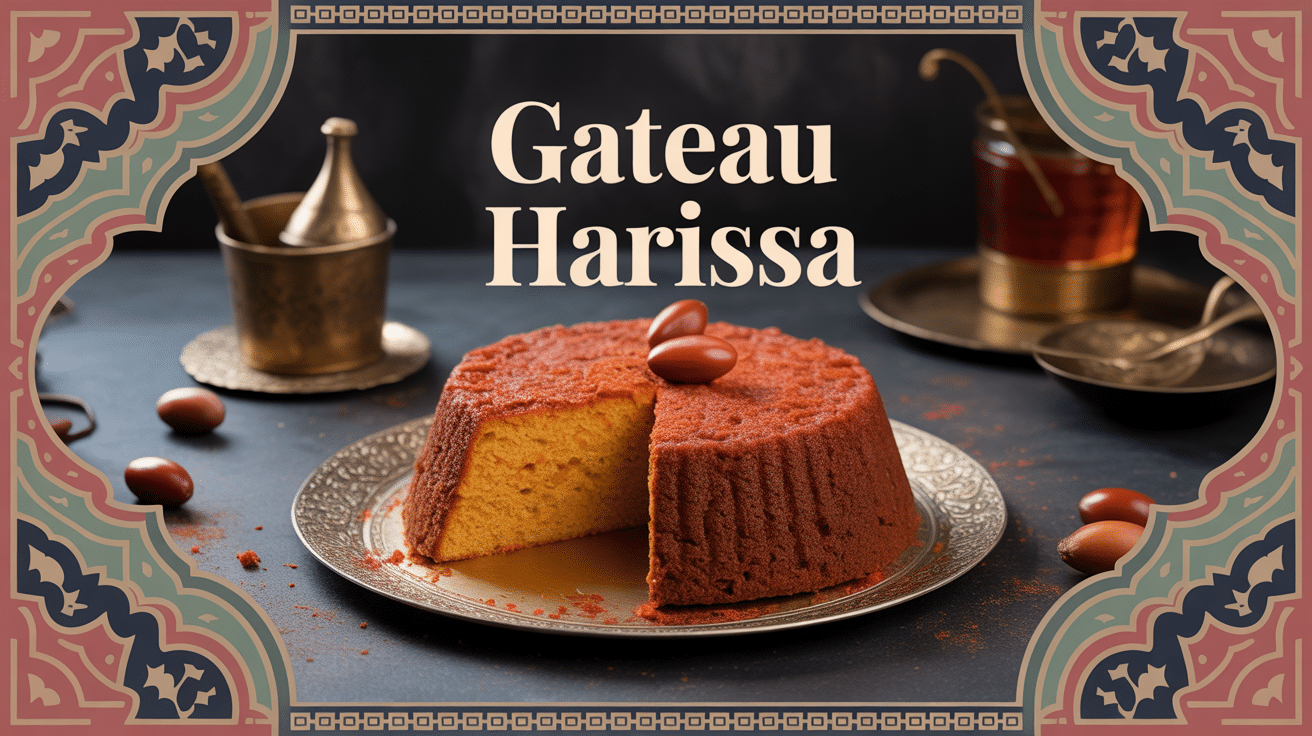 Gateau harissa découpé en losanges avec amandes et sirop sur plateau oriental