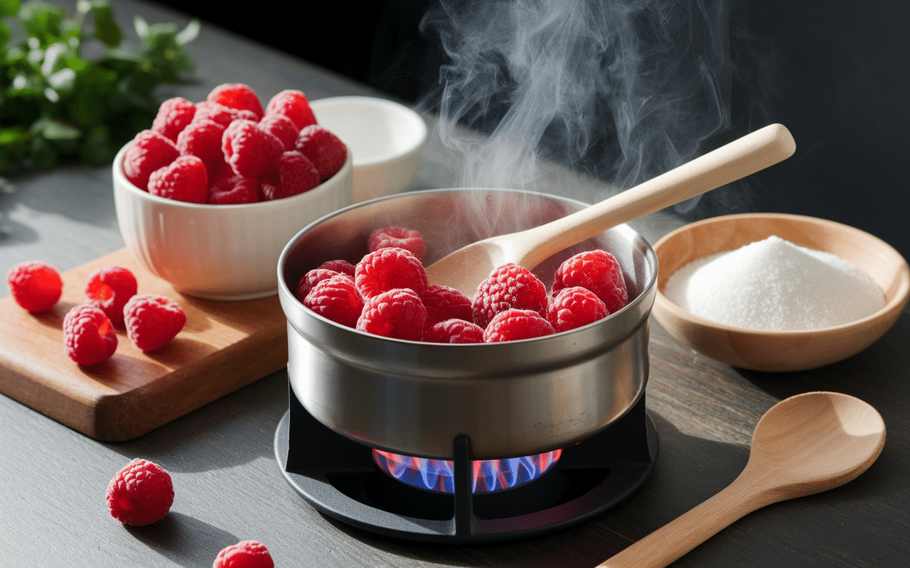 Préparation gelée de framboises avec sucre cristallisé