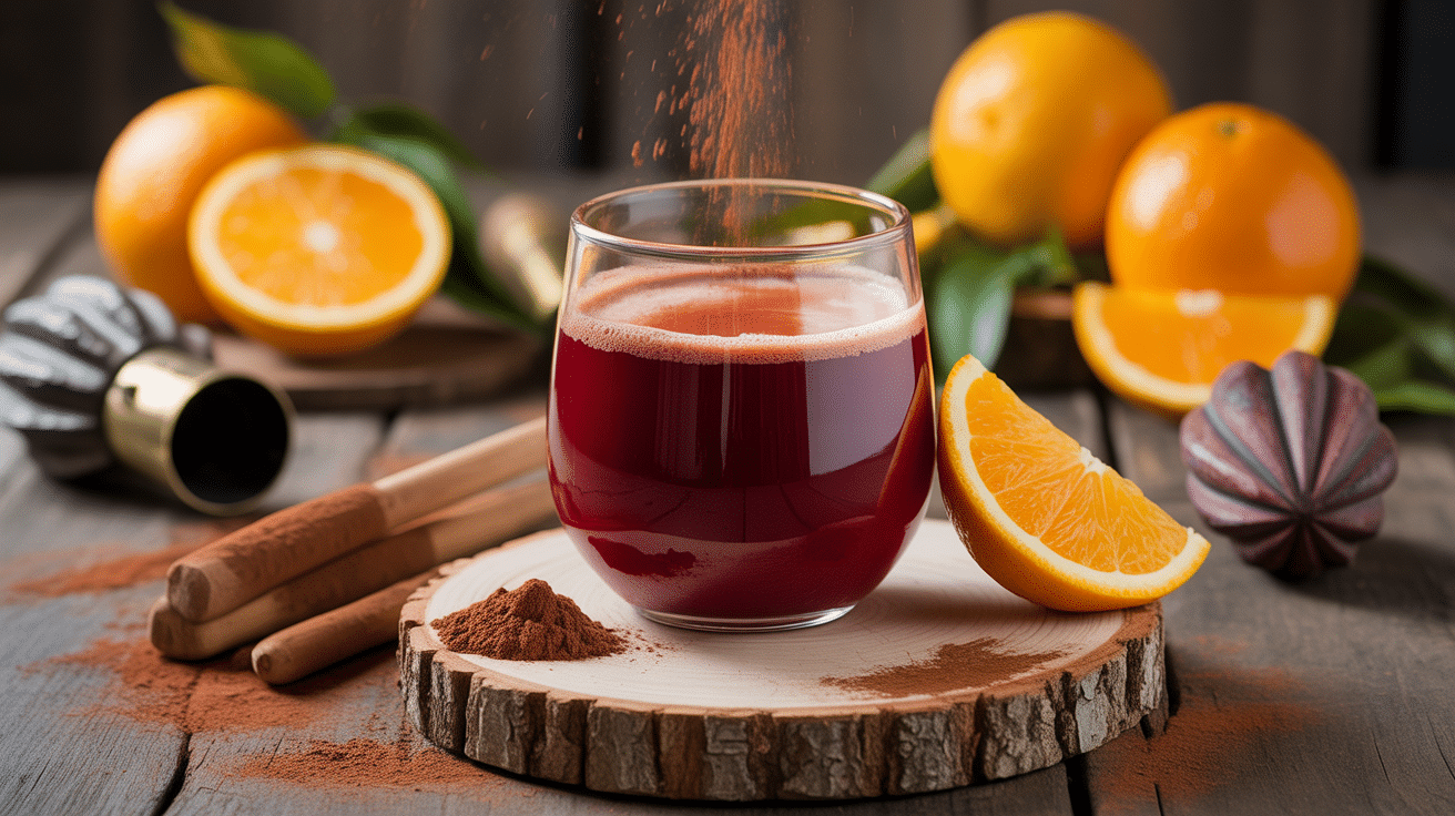 verre de jus maya rouge avec fruits et épices