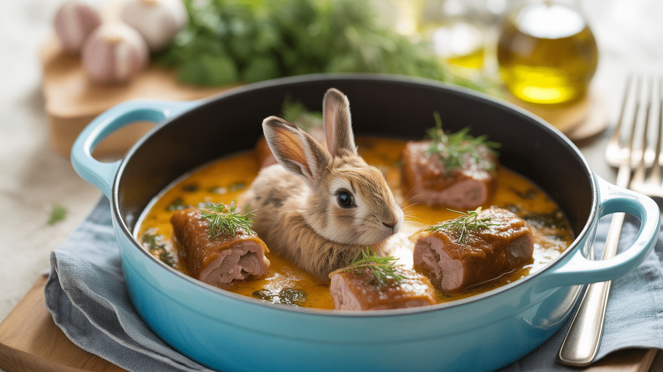 Plat de lapin à l'ail recette espagnole doré, sauce, huile d'olive