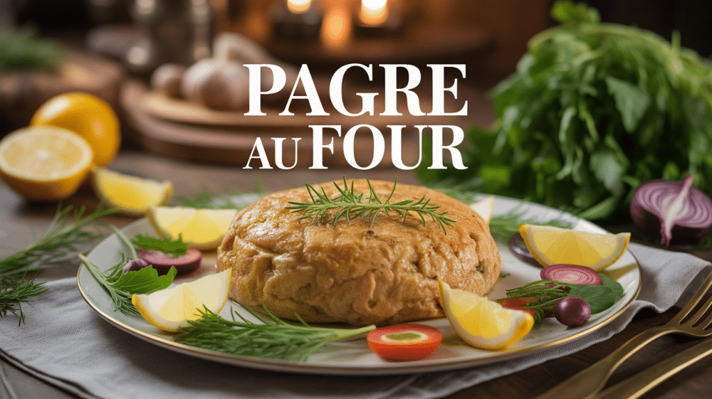 pagre au four entier décoré d'herbes fraîches et légumes