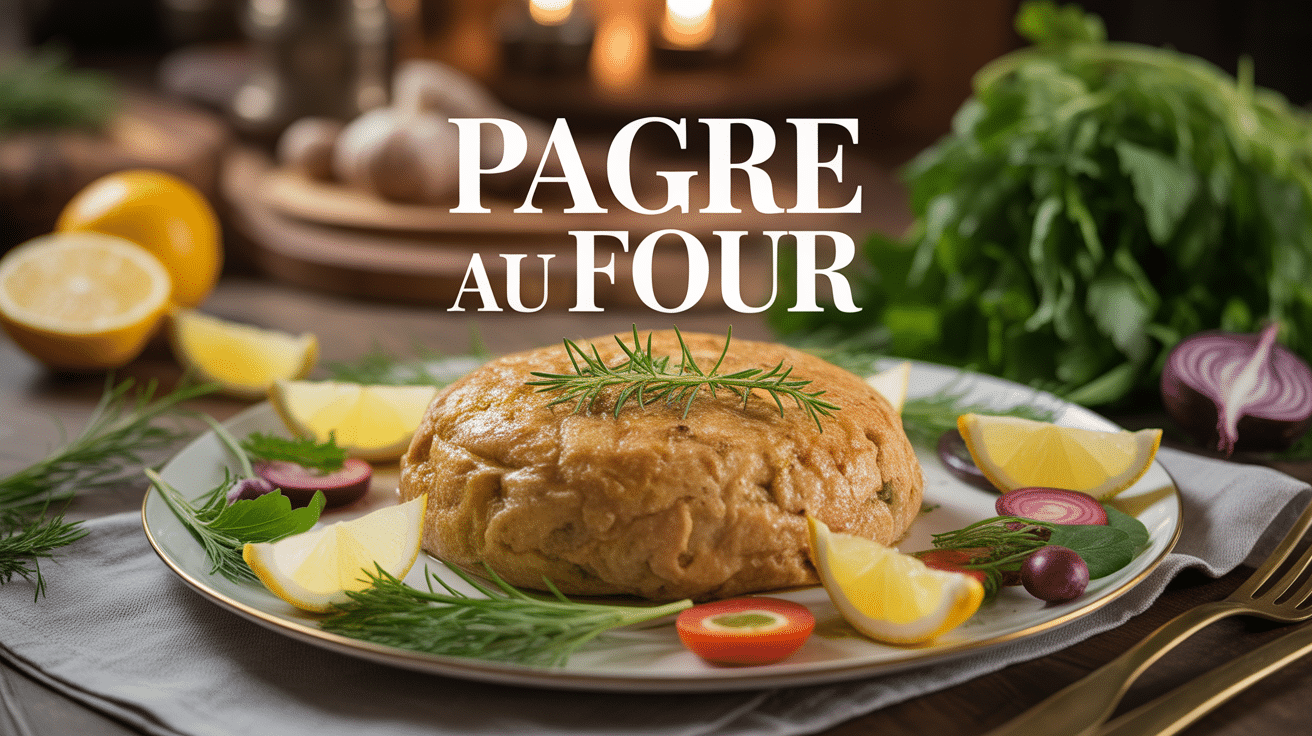 pagre au four entier décoré d'herbes fraîches et légumes