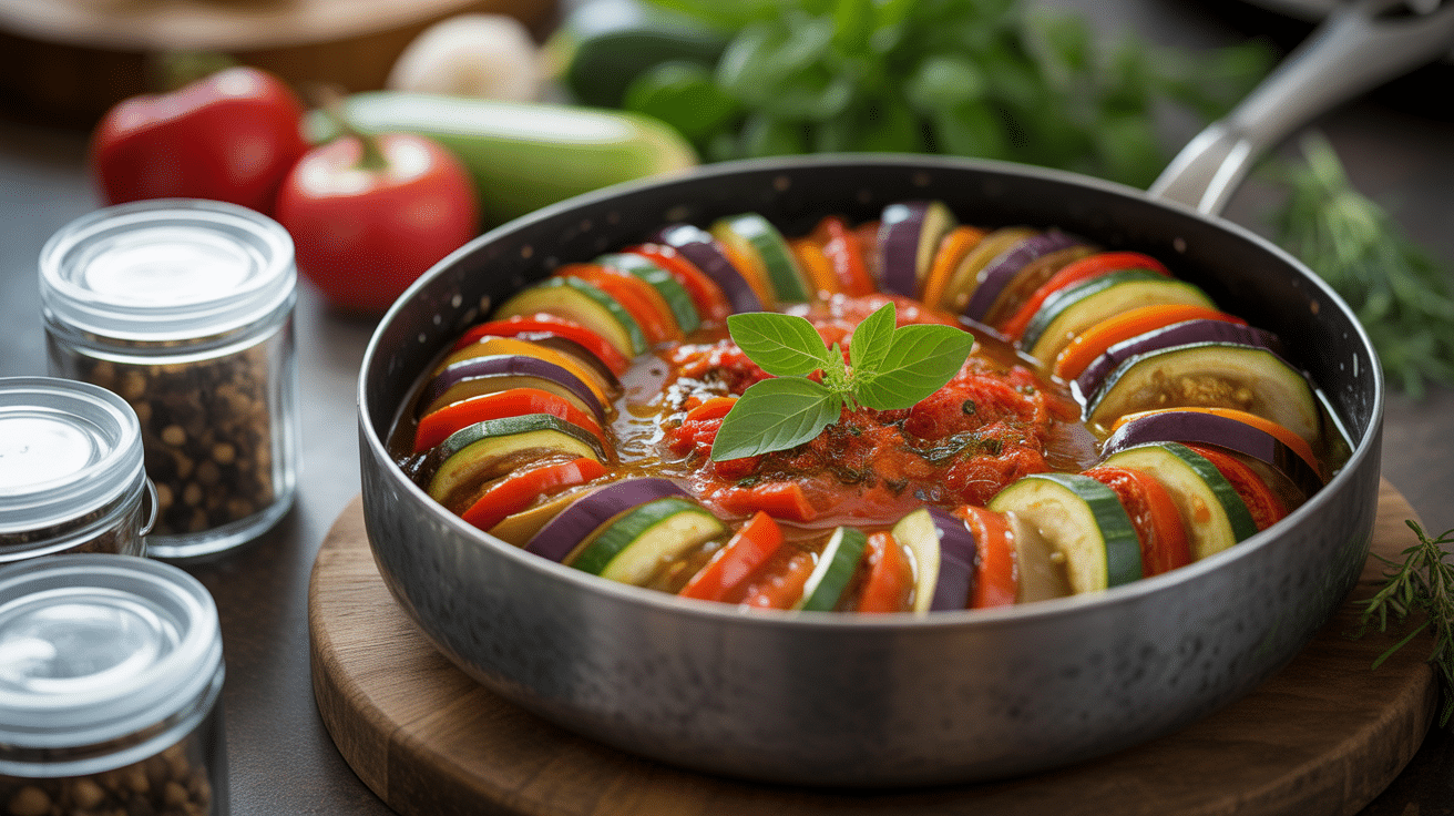 Ratatouille en bocaux sans stérilisateur sur table de cuisine rustique
