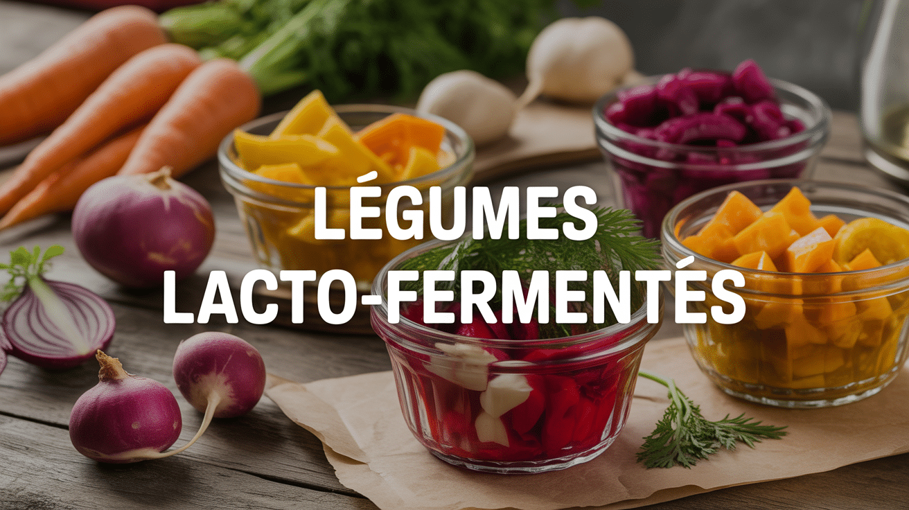 Bocaux de recette legume lacto fermente colorés sur table rustique