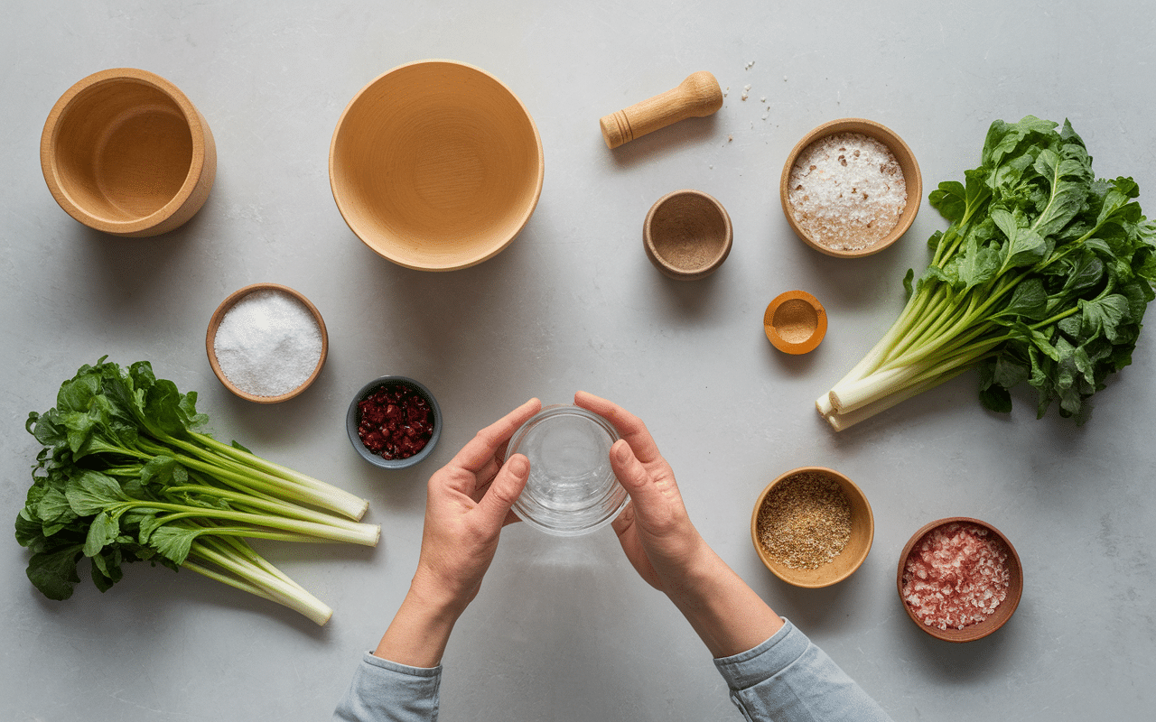 Préparation étape recette legume lacto fermente plan de travail