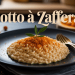 Risotto a zafferano crémeux et doré en assiette