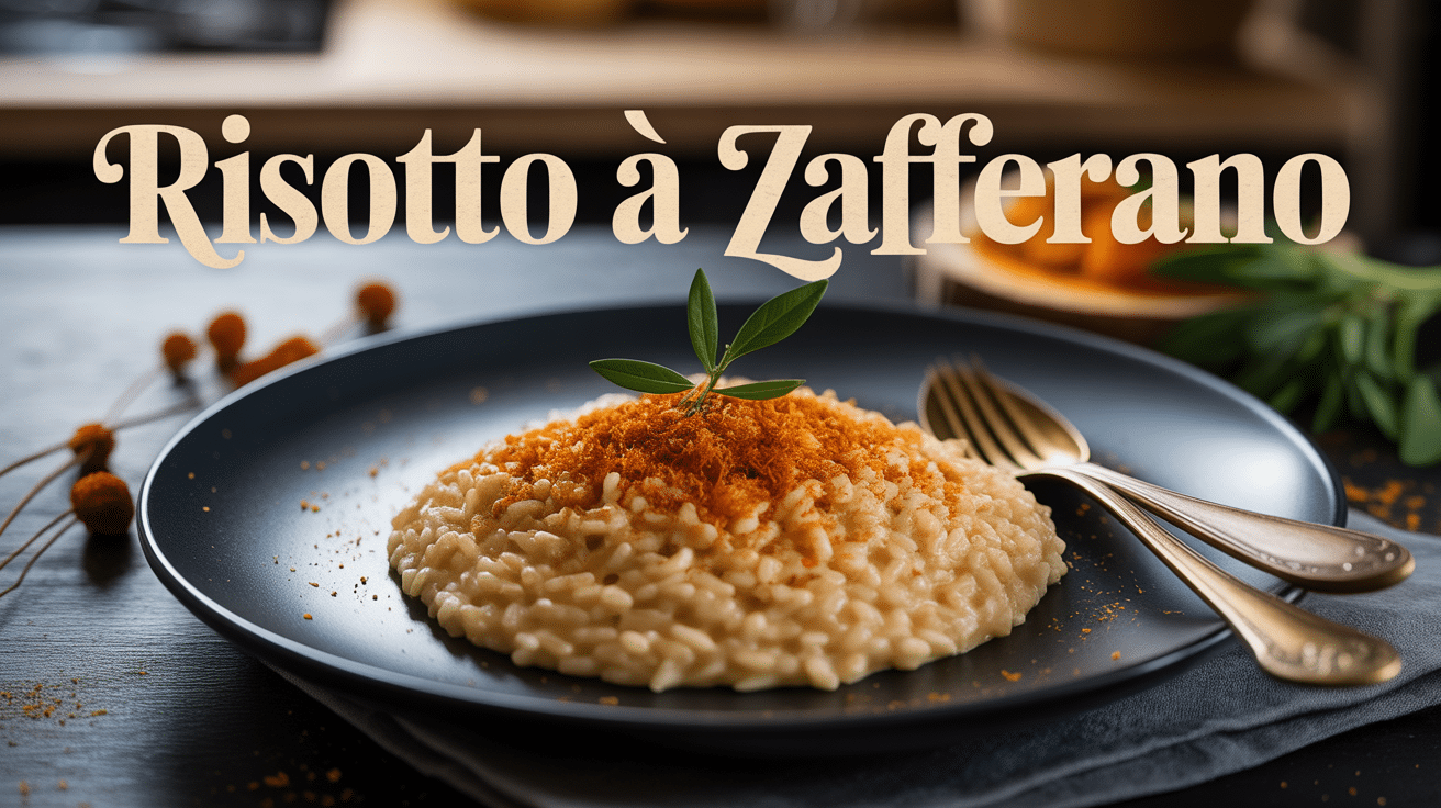 Risotto a zafferano crémeux et doré en assiette