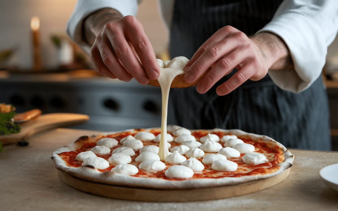 Chef ajoutant stracciatella on pizza chaude