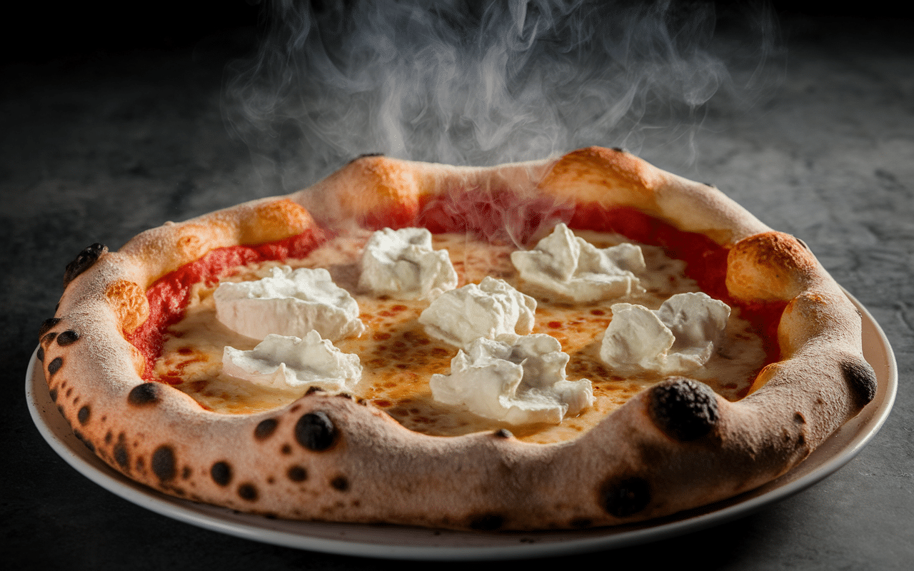 Gros plan stracciatella on pizza fromage crémeux