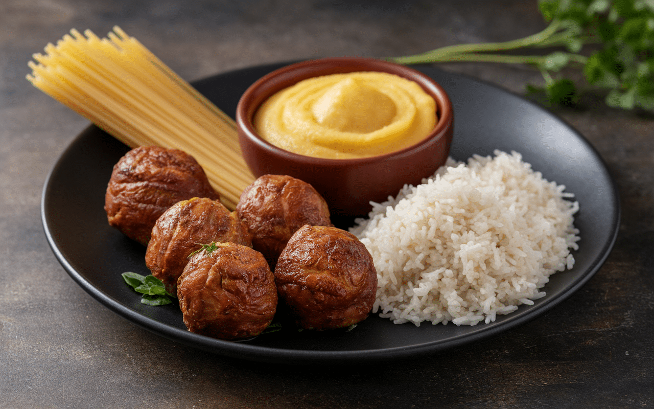 Spaghettis purée riz accompagnement boulette de viande