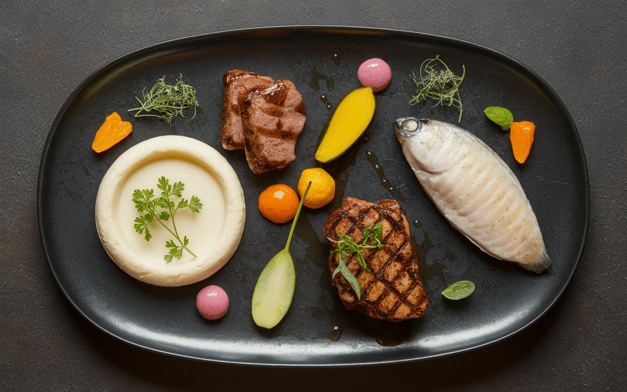 Accompagnement purée avec viande poisson gratinés