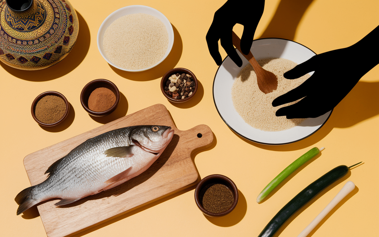 Préparation couscous poisson, poisson frais, ustensiles, épices
