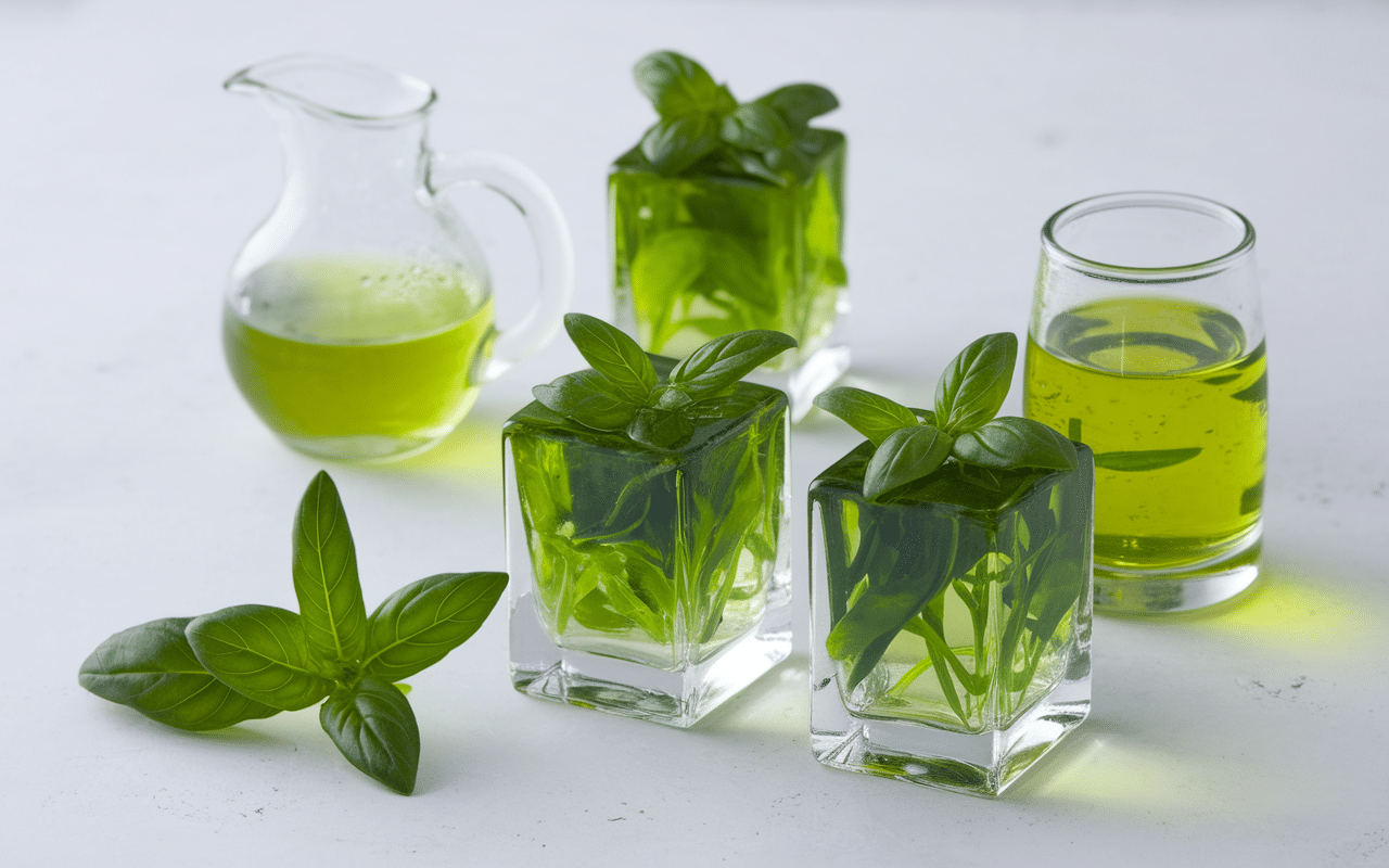 Basilic conserver en glaçons et huile en bocaux