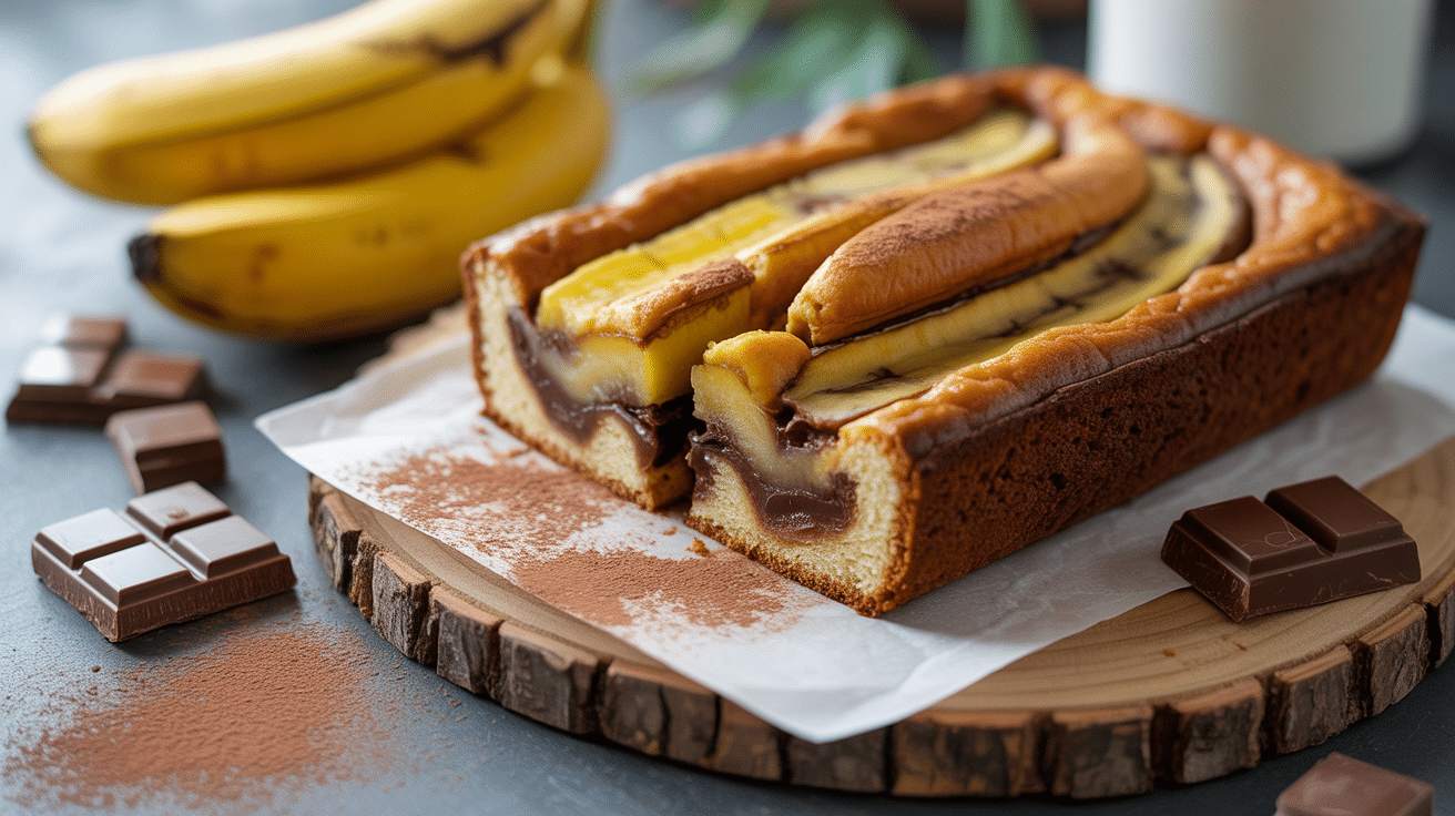 Cake banane chocolat sans beurre tranché et ingrédients