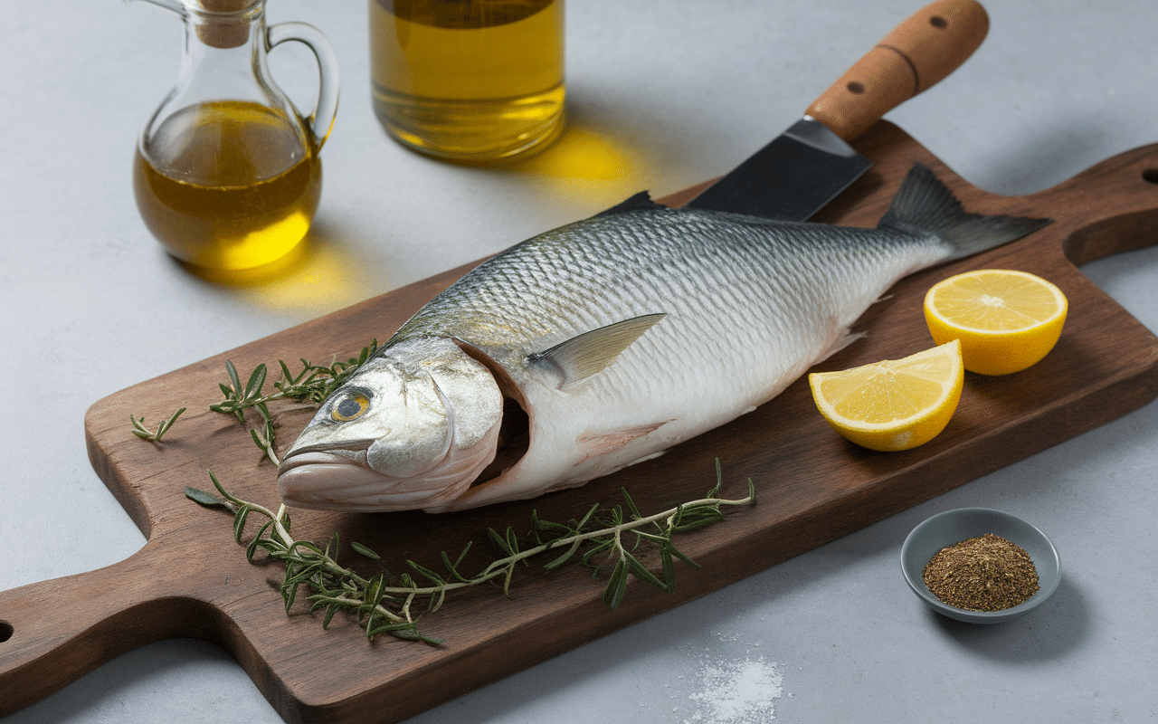 Dorade au four fraîche sur planche avec herbes