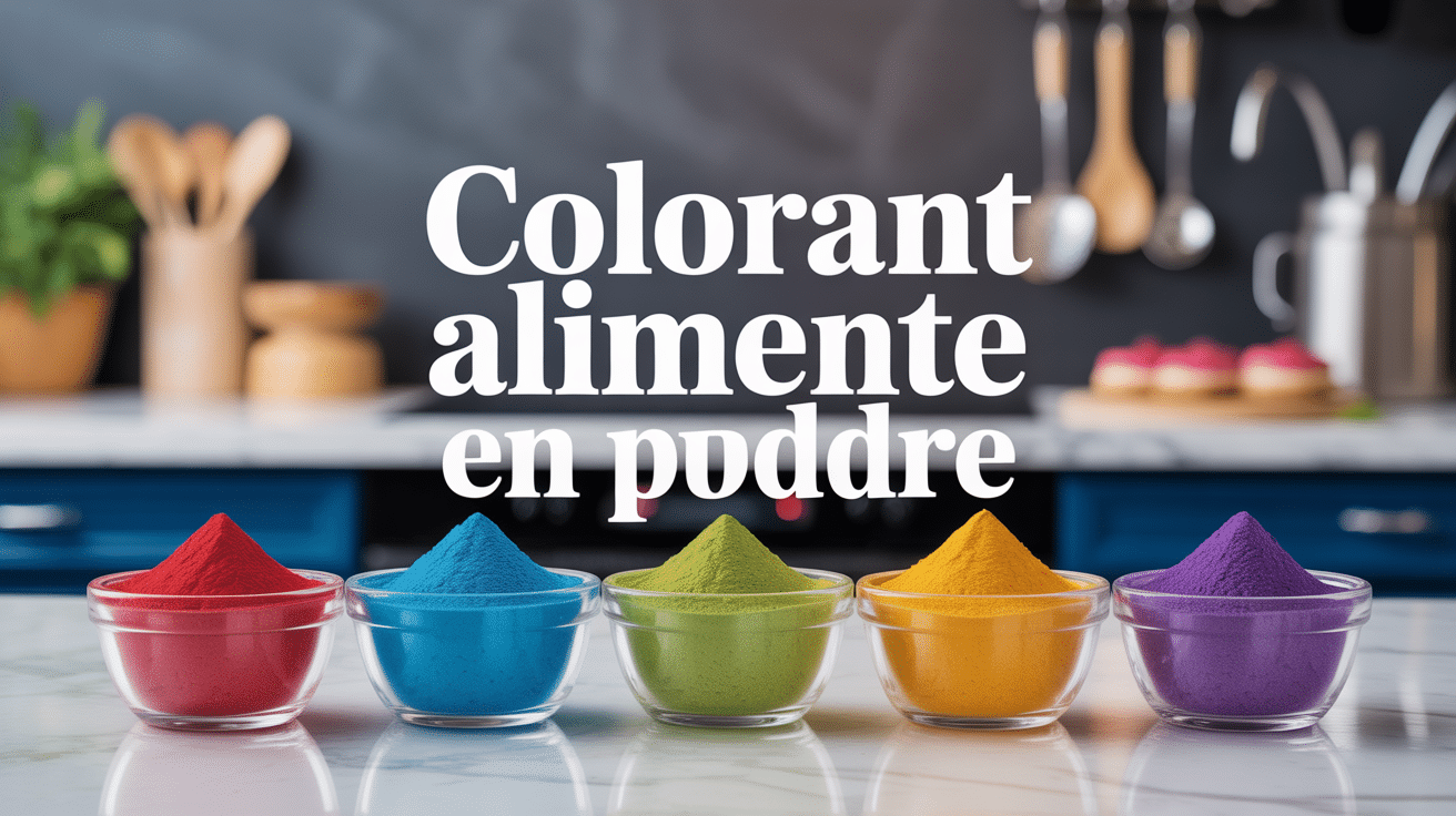 Bols de colorant alimentaire en poudre sur plan de travail