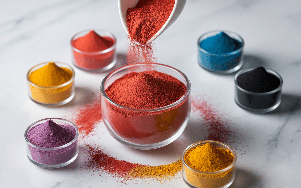 Dosage de colorant alimentaire en poudre avec cuillères