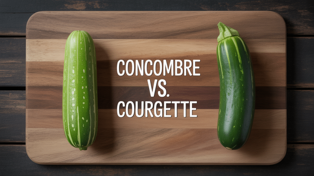 concombre courgette côte à côte sur planche bois