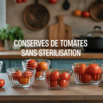 conserve de tomates en bocaux sans sterilisation sur plan de travail