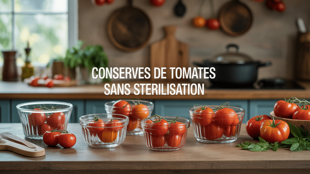 conserve de tomates en bocaux sans sterilisation sur plan de travail