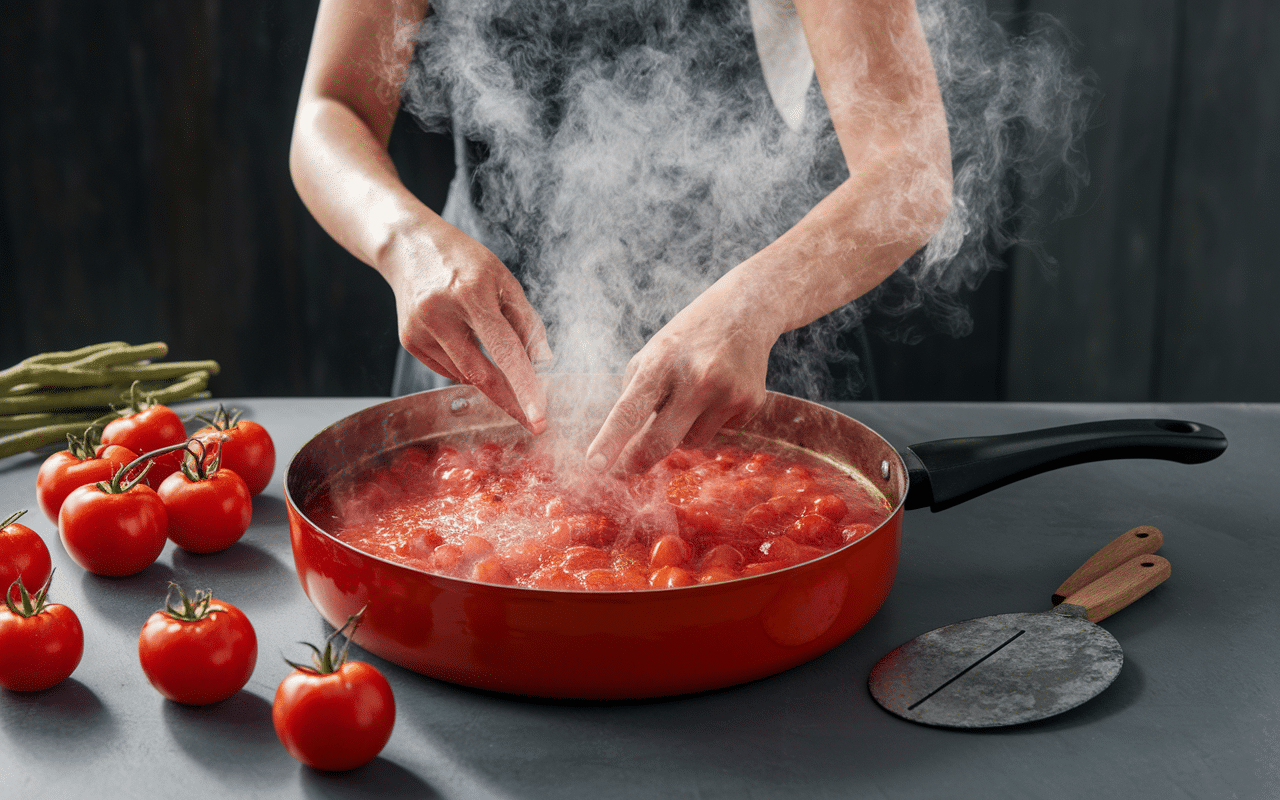 conserve de tomates en bocaux sans sterilisation mains versant tomates chaudes