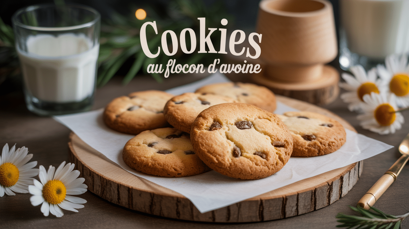 cookie au flocon d avoine doré sur planche bois avec lait