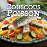 Couscous poisson traditionnel, semoule, légumes, poisson blanc