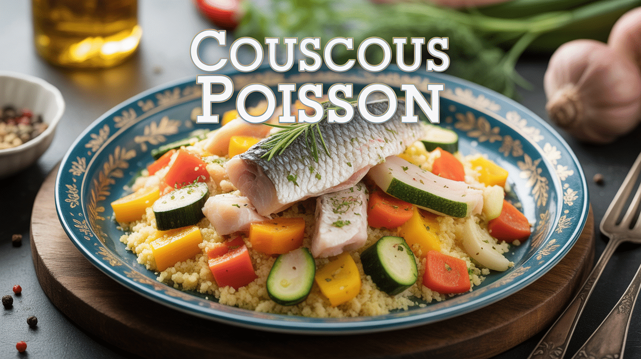 Couscous poisson traditionnel, semoule, légumes, poisson blanc