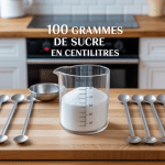 100 g de sucre en cl avec verre doseur sur plan de travail