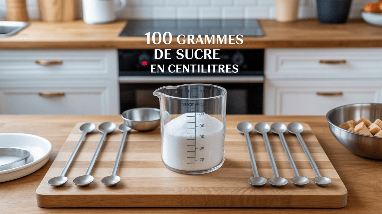 100 g de sucre en cl avec verre doseur sur plan de travail