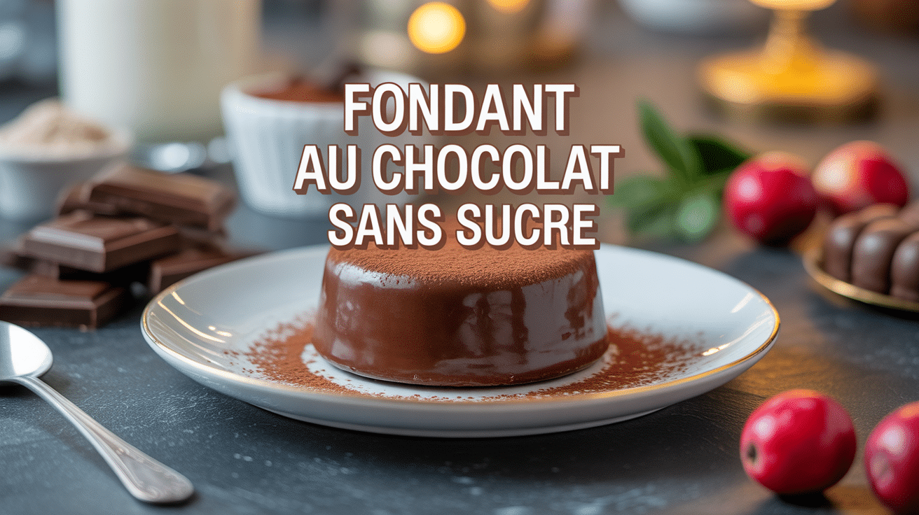 Fondant au chocolat sans sucre sur assiette avec ingrédients sains
