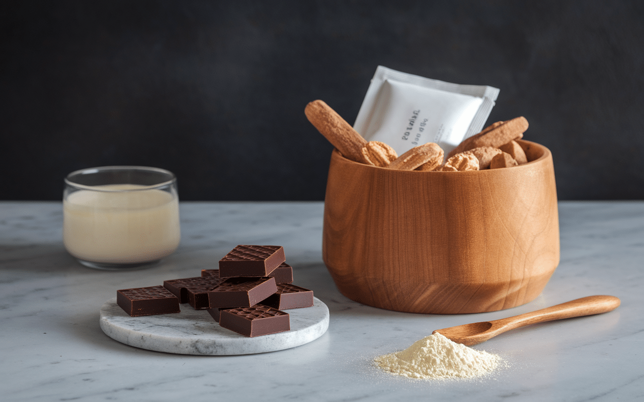 Ingrédients pour fondant au chocolat sans sucre sur plan de travail