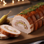galantine de porc sur planche avec pistaches et cornichons