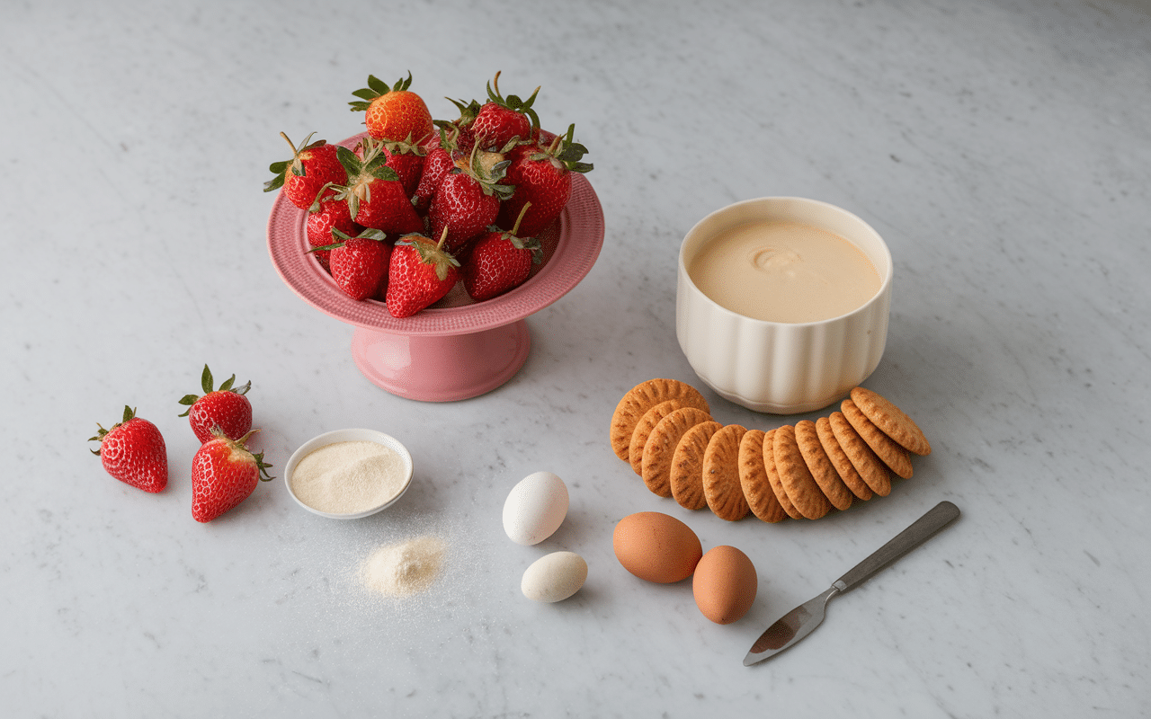 Ingrédients charlotte aux fraises crème pâtissière alignés