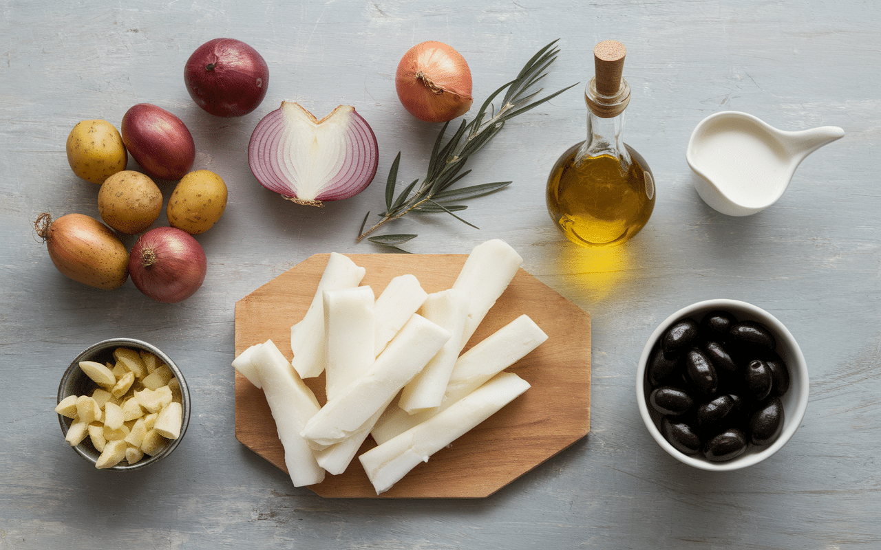 ingredients frais morue a braga sur bois