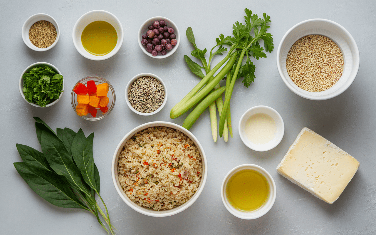 Ingrédients pour poivrons farci vegetarien disposition