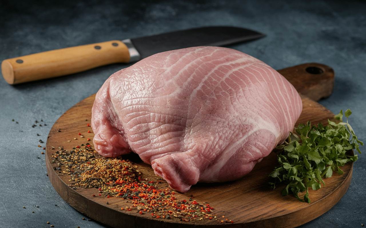 Joue de porc crue sur planche avec épices