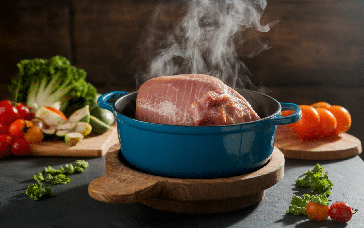 Joue de porc dorée en cocotte avec légumes