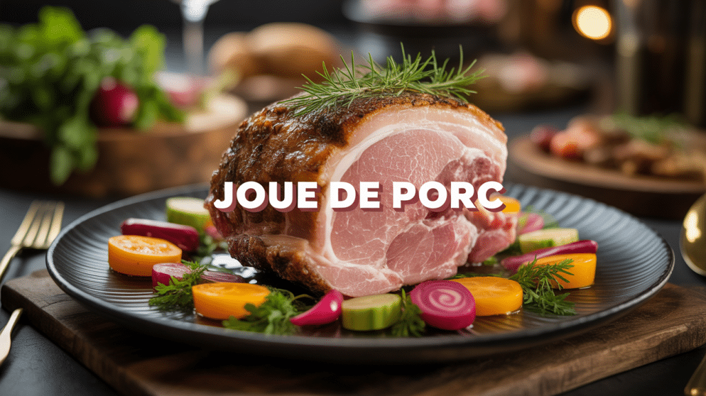 Joue de porc dorée entourée de légumes