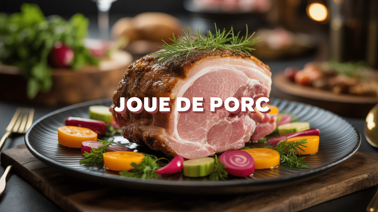 Joue de porc dorée entourée de légumes
