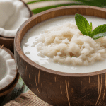 Bol de lait de coco et riz décoré noix de coco et menthe