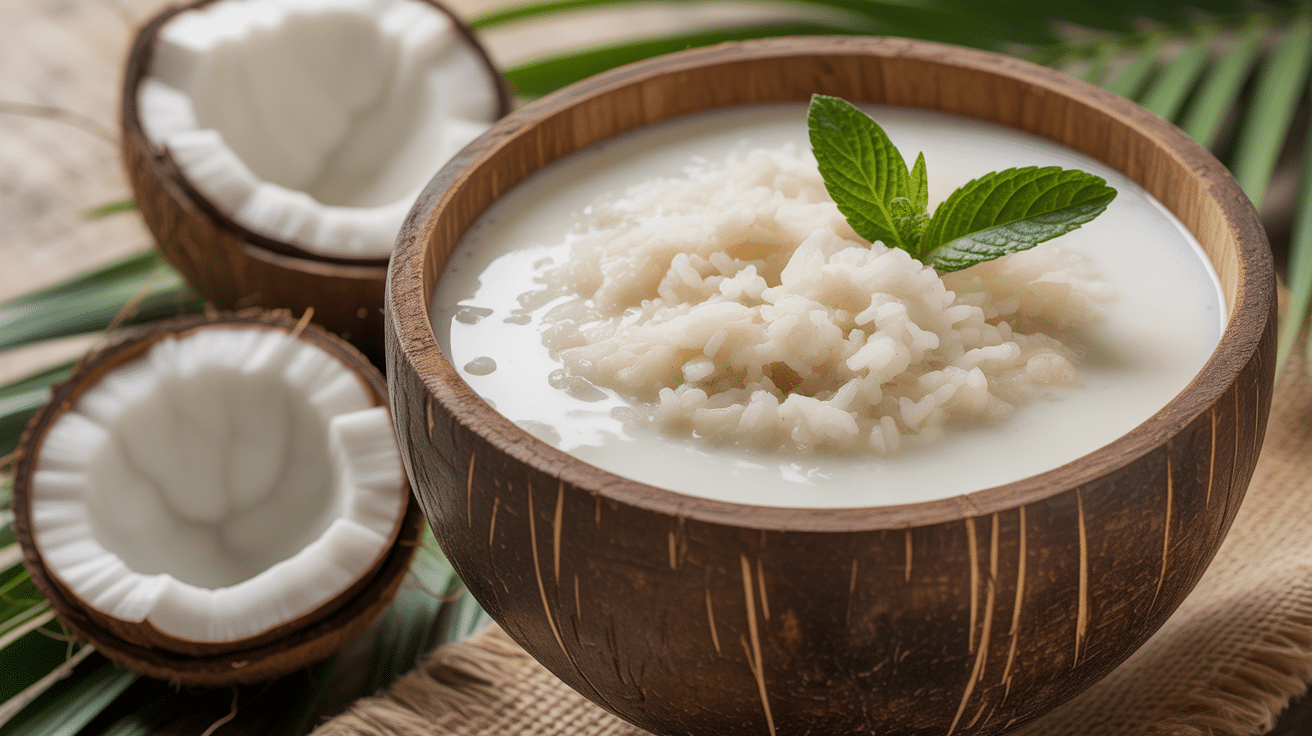 Bol de lait de coco et riz décoré noix de coco et menthe
